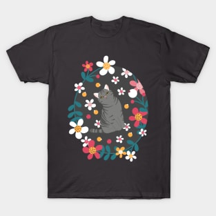 American Shorthair Cat and Flowers - Black T-Shirt